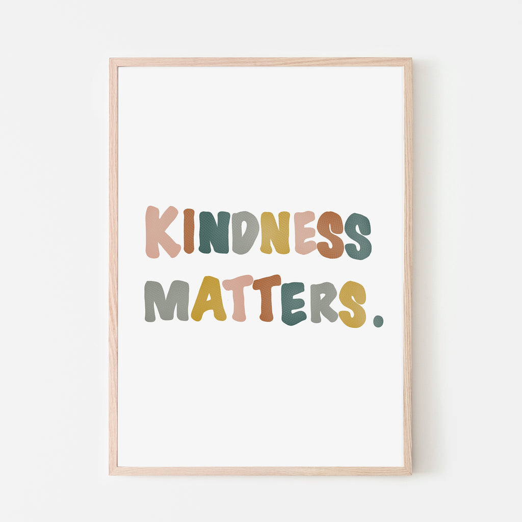 Kindness matters poster art print for kids bedroom and kids playroom.  retro color palette with blush pink, mustard yellow, grey and blue.  Canvas textured letters.  Boho nursery wall decor. Boho kids playroom. 