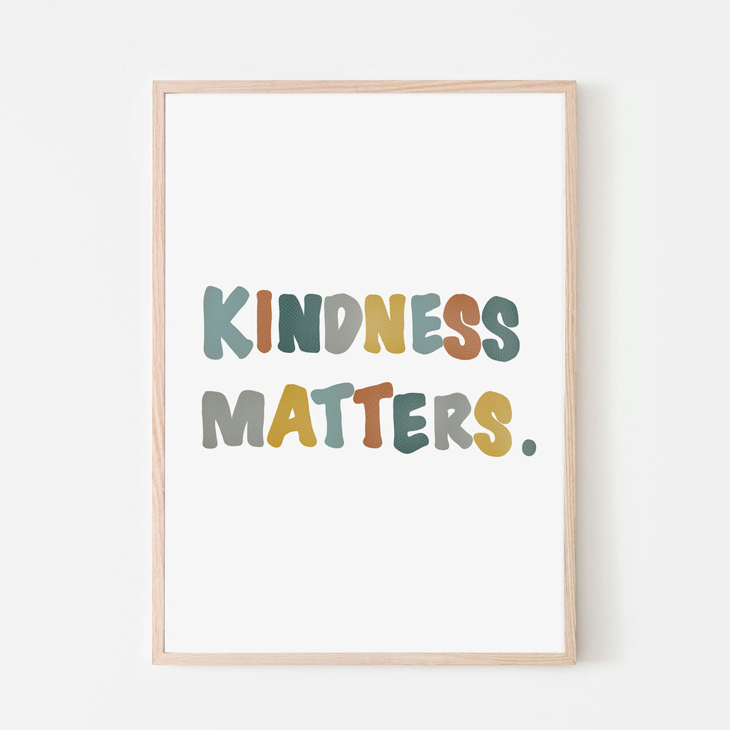 Kindness matters poster art print for kids bedroom and kids playroom.  retro color palette with blush pink, mustard yellow, grey and blue.  Canvas textured letters.  Boho nursery wall decor. Boho kids playroom. 