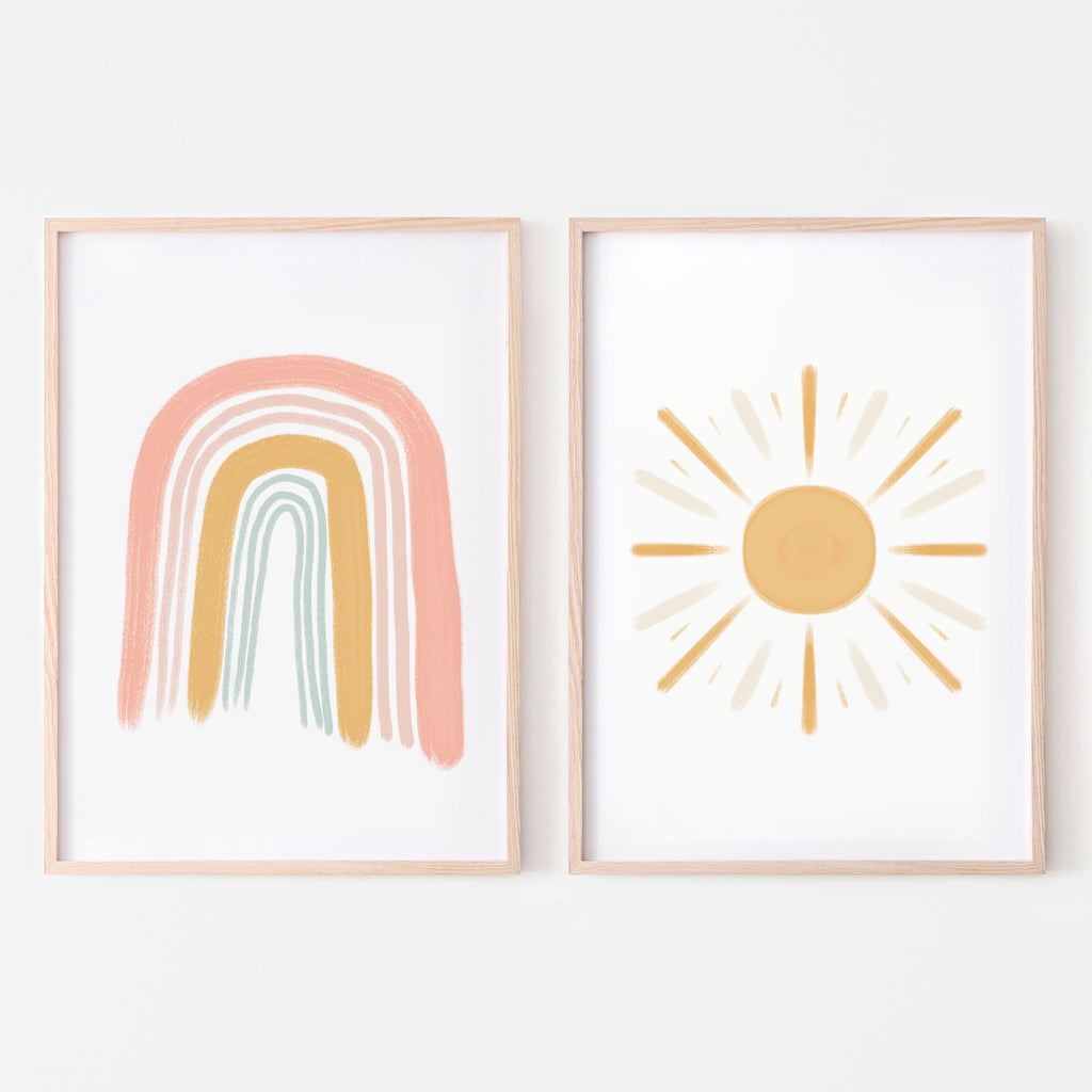 boho rainbow and simple shining sun art print (set of 2) with white background. For baby girl nursery room, girl bedroom or playroom