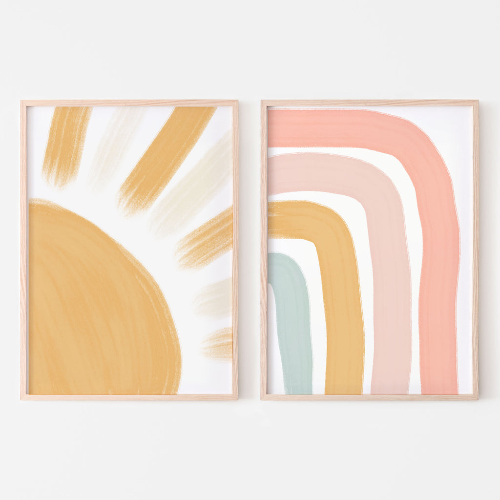 Abstract sun art print with abstract rainbow arches. For baby nursery room, kids bedroom or playroom. Soft pink, orange and teal blue. Collection for shared sibling boy girl space. 