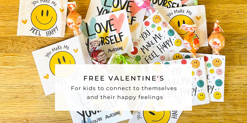 Free valentine printable for kids classroom. You make me feel happy. Simple. Modern. Happy feelings. Happy faces. Love yourself you're awesome