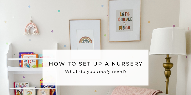 Blog post for How to Set up a Nursery. A photo of a gender neutral nursery. The walls are beige, the chair is light pink and the furniture is white. There is an art print that has the letter K on it as well as a personalized name. 