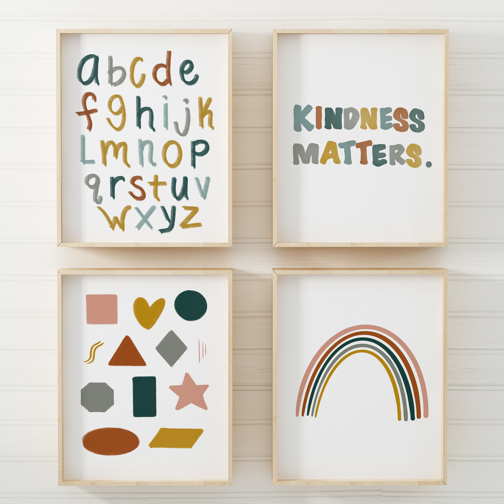 Retro inspired alphabet, numbers, shapes, kindness matters and rainbow art prints for baby nursery room, kids bedroom or playroom