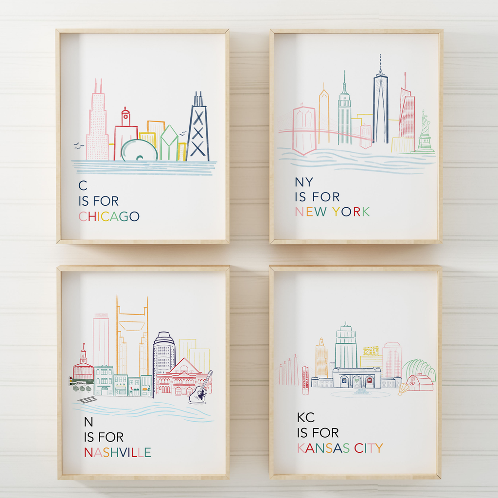 City Pride art print collection features city skylines like chicago, new york, boston, nashville, Kansas city and more. Baby nursery room, kids bedroom and playroom wall decor