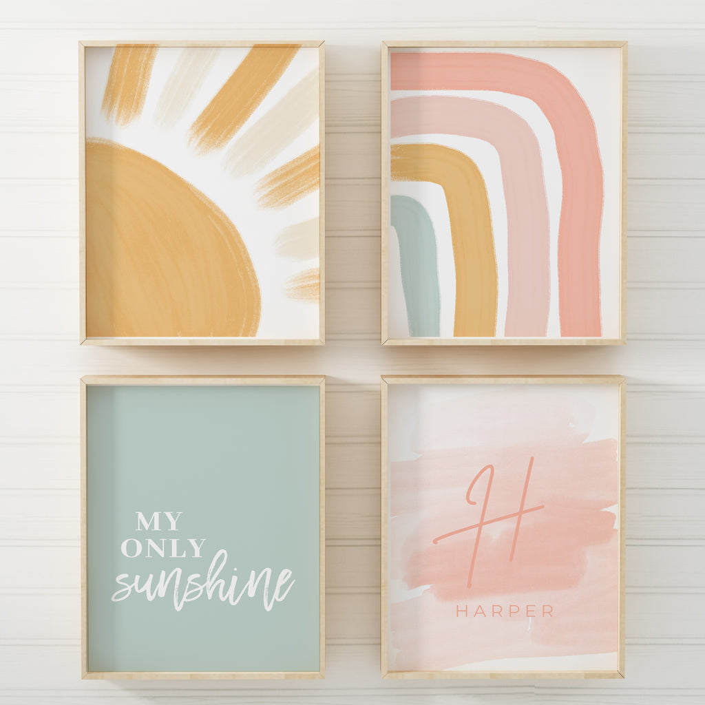 Sunshine & Rainbows Art print collection includes abstract rainbow and sun with my only sunshine quote and watercolor personalized name signs. Baby nursery room, kids bedroom and playroom wall decor. 