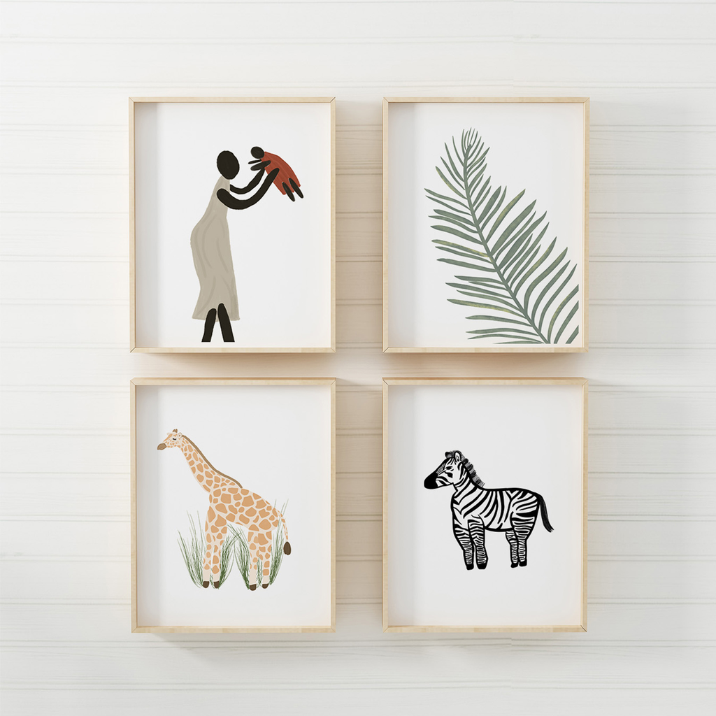 Ugandan safari art print collection includes an abstract artwork of a mother and child, a giraffe, zebra and african palm leaf. Baby nursery room, kids bedroom and playroom wall decor