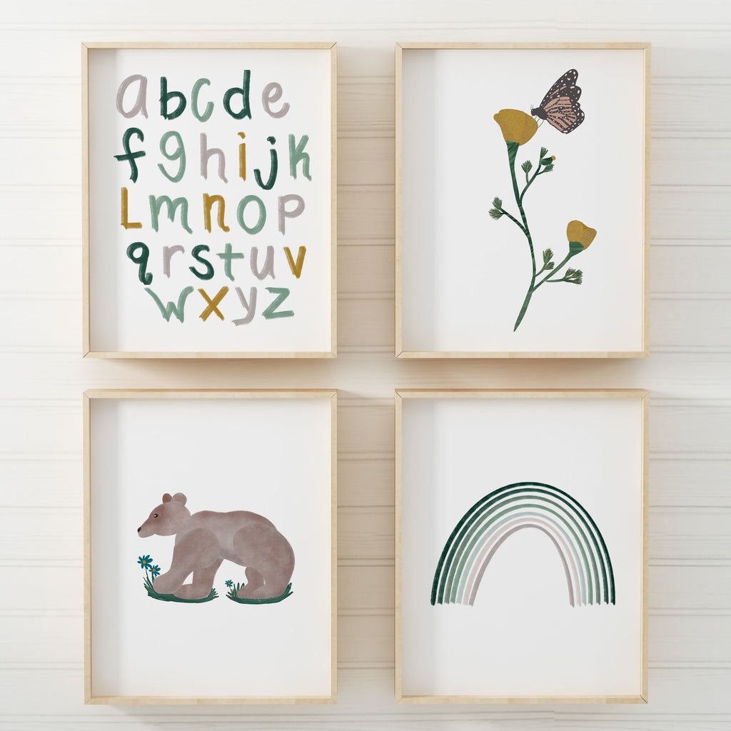 Forest Adventures art print collection with alphabet art print, wildflowers, butterfly's, brown bear and rainbow art prints for baby nursery rooms, kids bedrooms and playrooms