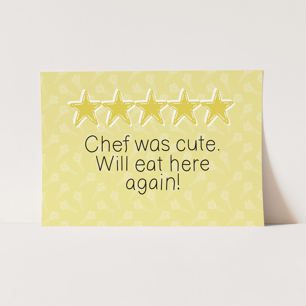Art print for kids play kitchen that is a yellow background and white carrot outlines and 5 yellow stars with the quote that reads Check was cute. Will eat here again!