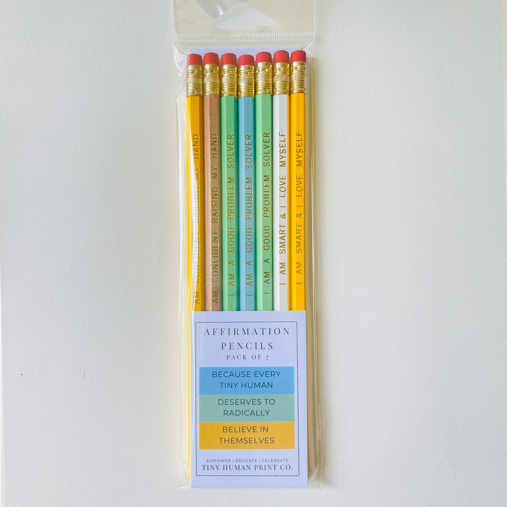 Affirmation pencils for kids with positive quotes I am smart and i love myself, i am a good proble, solver and I am confident raising my h and