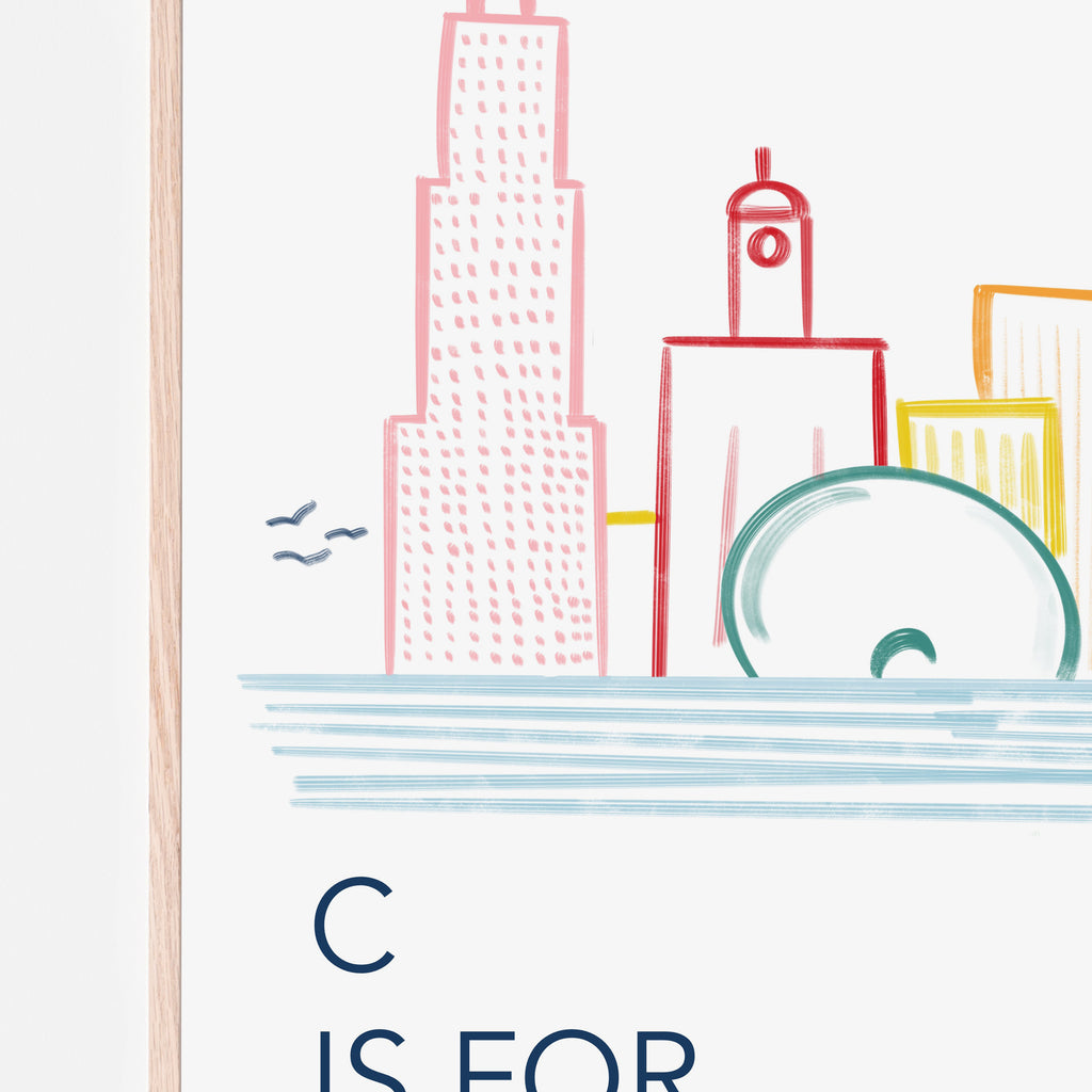 Hand-drawn C is for Chicago city-scape Art Print in black and blue on a white background with a wood frame. This print is designed to go in a baby room, nursery, kids bedroom, playroom, classroom, or daycare center. Gift idea.