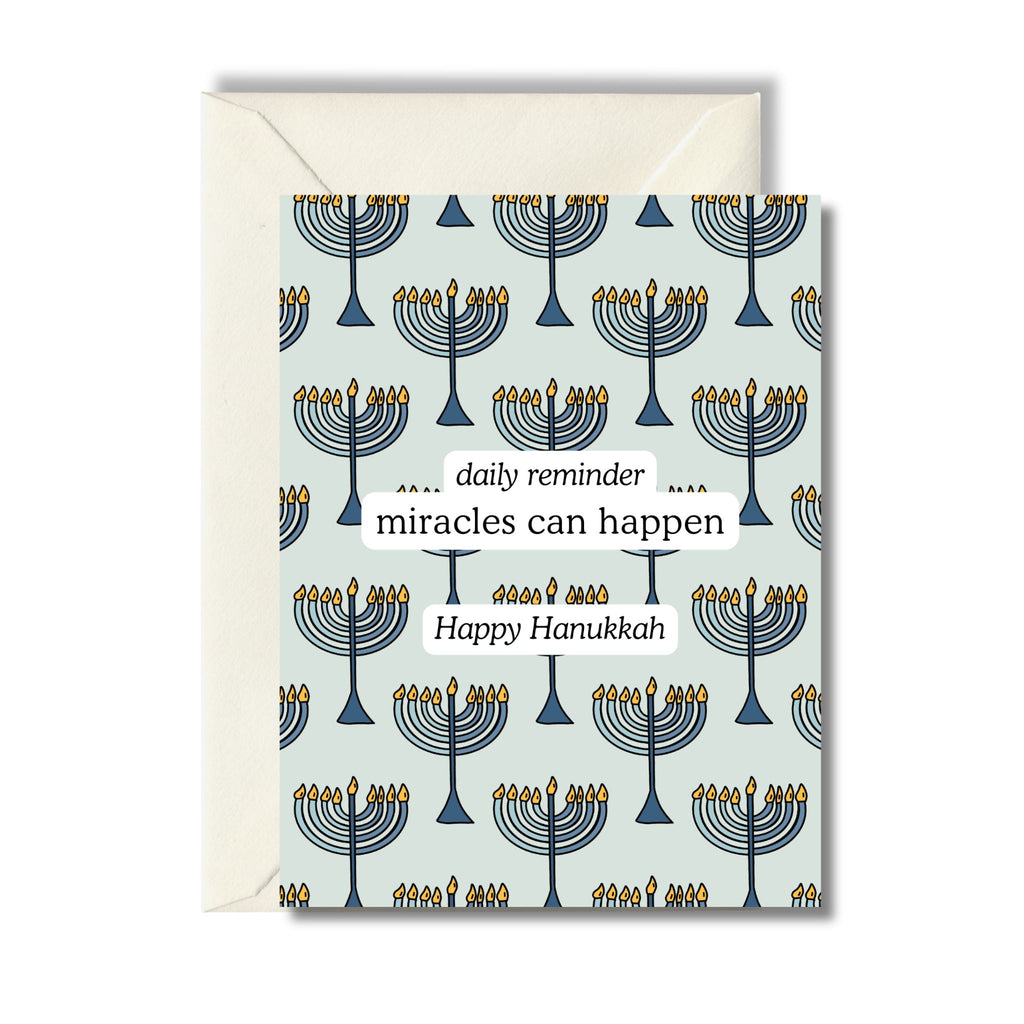 Hanukkah Greeting Card with modern menorahs and an inspirational message that reads: "daily reminder, miracles can happen. Happy Hanukkah"