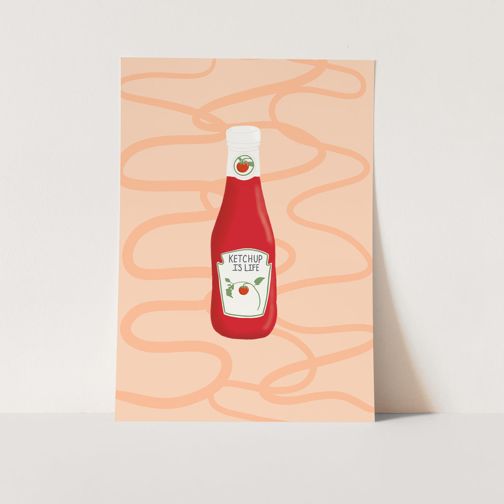 Art print for kids play kitchen that is a cream color background with an illustration of an old vintage ketchup bottle that reads ketchup is life