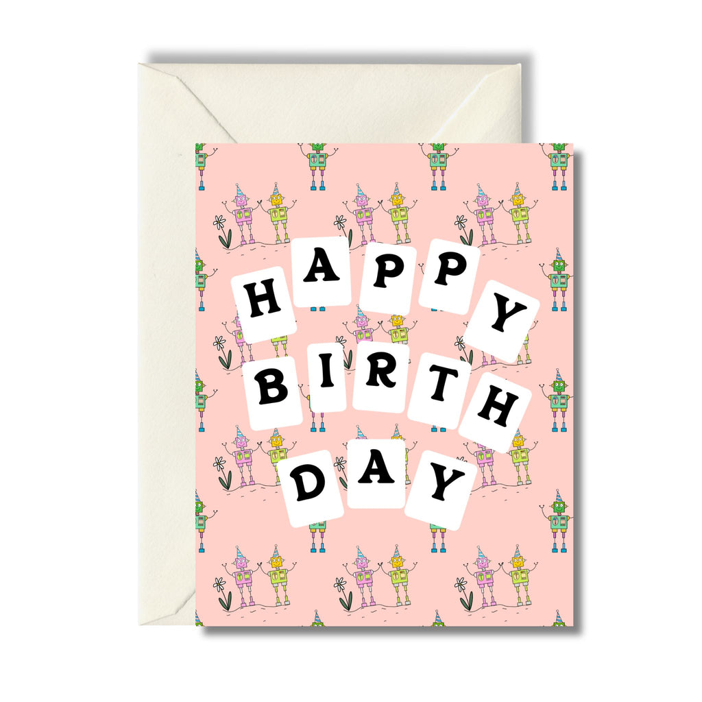 Pink High Fiving Robot Birthday Greeting Card for Girls