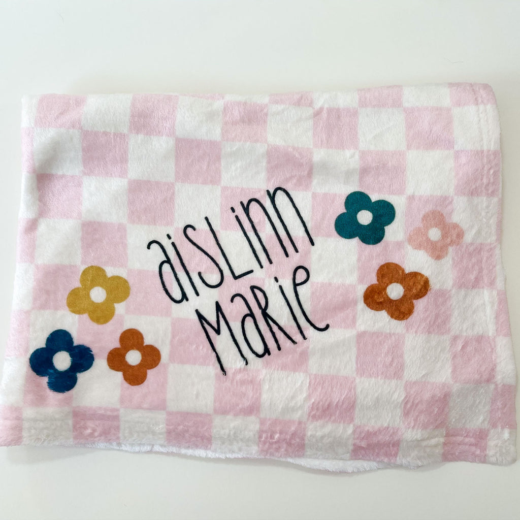 Pink and Cream checkered personalized baby minky blanket with retro flowers