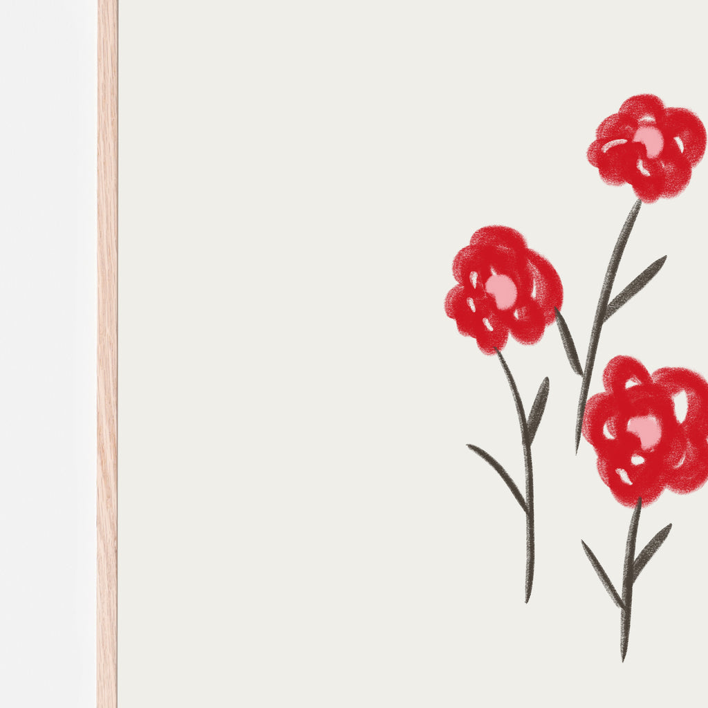 A set of 3 simple red flowers wall art print. Baby girl nursery room, bedroom or playroom wall decor. Flowers and foliage collection. 