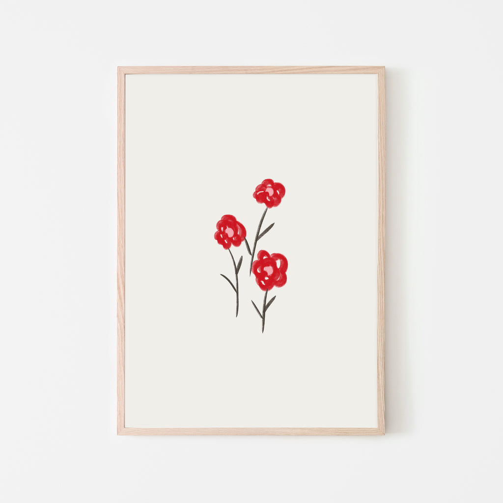 A set of 3 simple red flowers wall art print. Baby girl nursery room, bedroom or playroom wall decor. Flowers and foliage collection. 