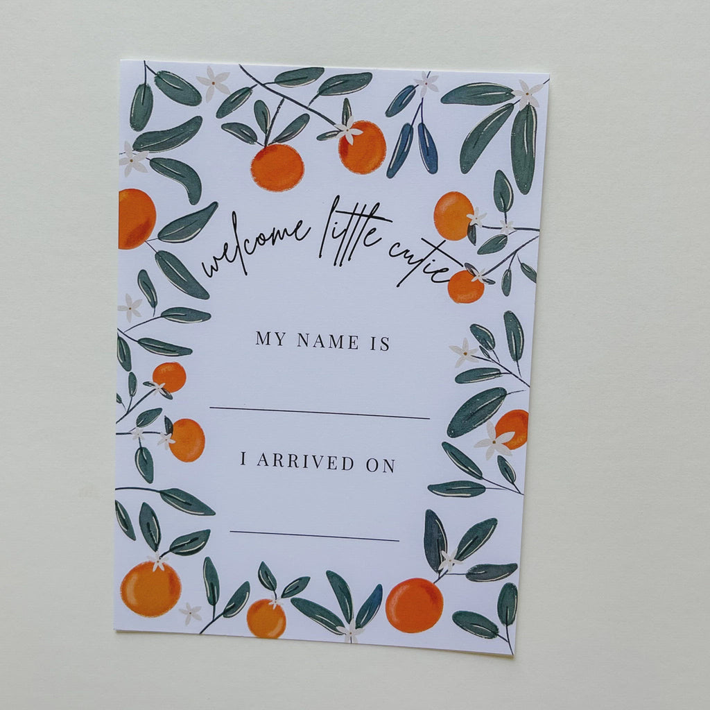 welcome little cutie. Baby milestone cards with clementine oranges and citrus blooms. Babys first year, first step, first smile, first crawl.  baby shower gift idea 