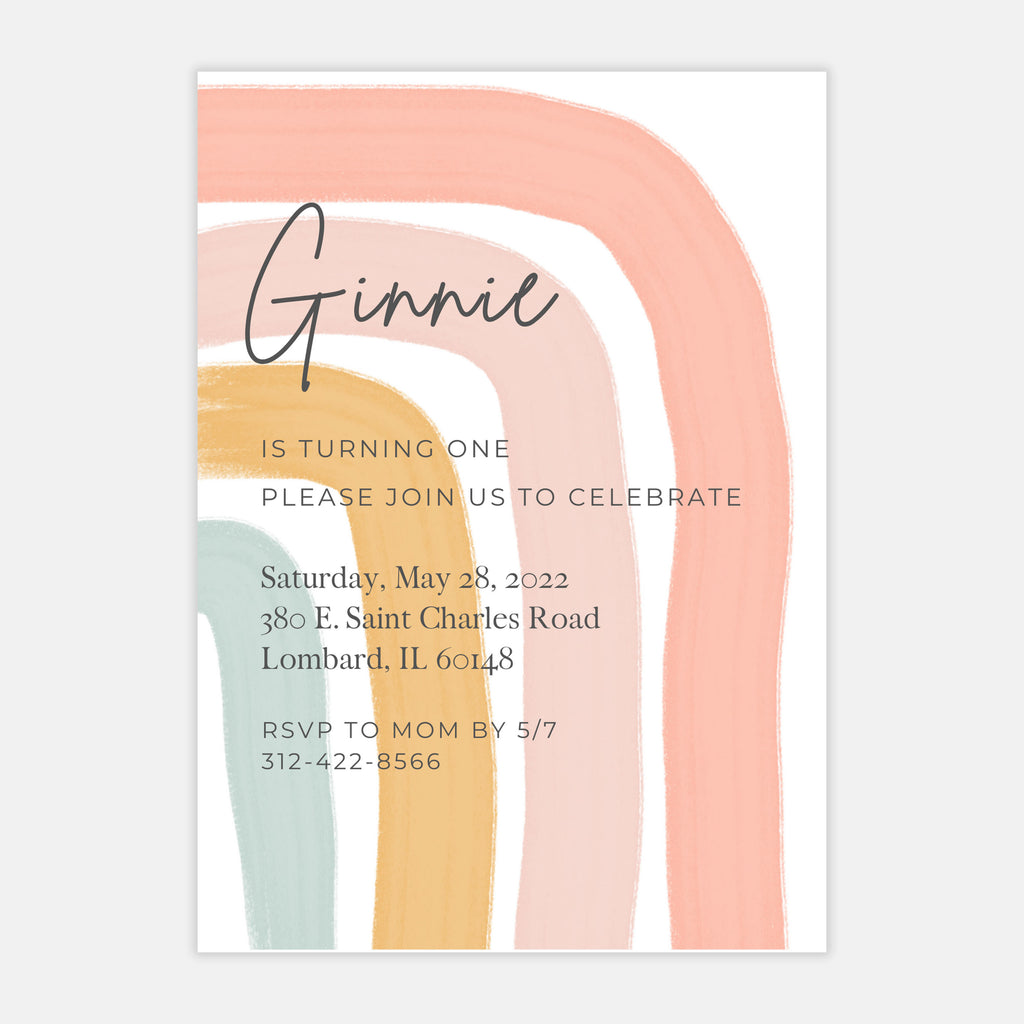 Abstract rainbow first birthday invitation and matching thank you notes; rainbow baby