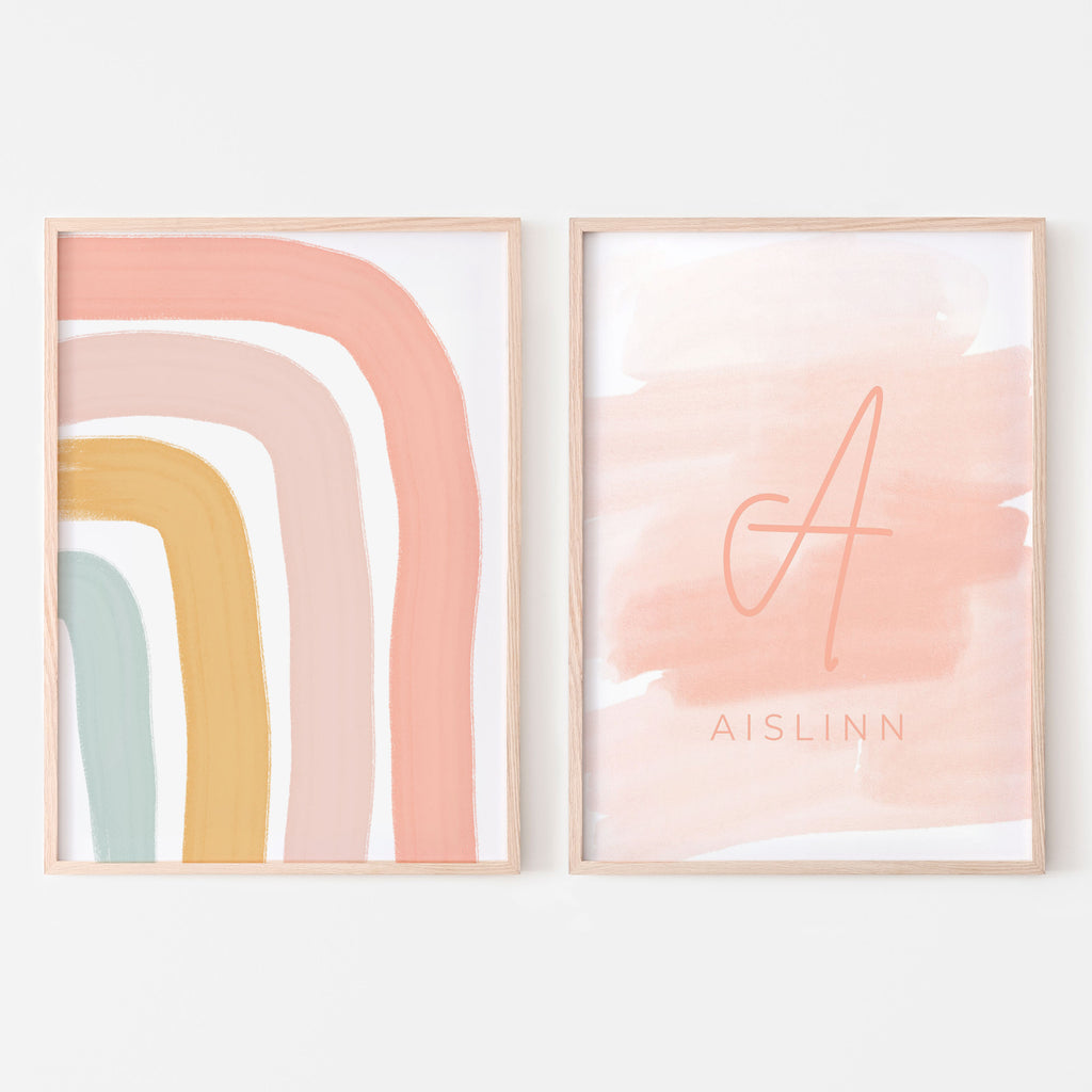 Sunshine and rainbows set of two art prints available in rainbow or sunshine print with personalized name sign with either a pink, orange or blue background