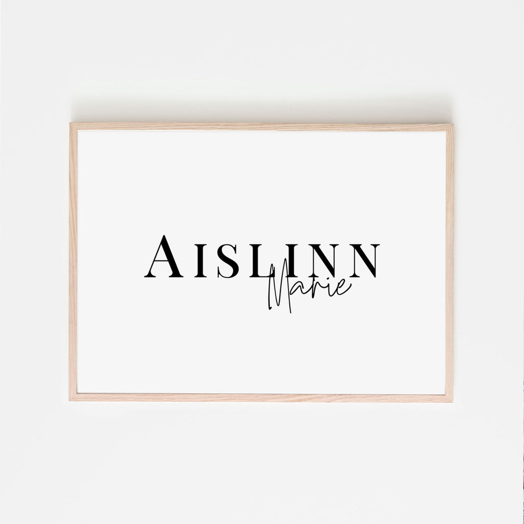 A modern name sign that is gender-neutral and is a perfect addition to any nursery or a gift for an expecting mother. The first name is a bold serif font with the middle name in a beautiful script on a white background. Gift idea. Great gift.