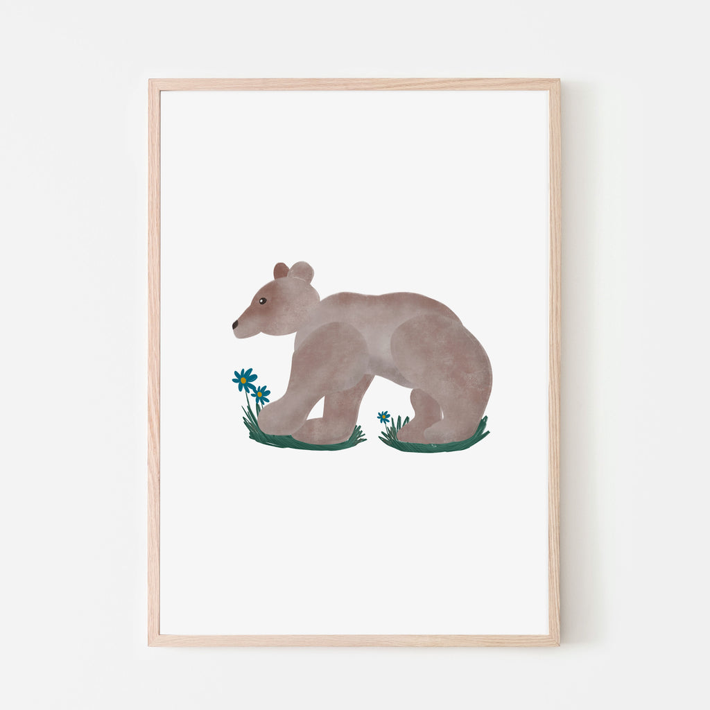 A simple and delightful wondering baby brown bear on a grey textured background.  This gender-neutral forest print works in any nursery, kid's bedroom, or playroom and is a great gift idea for an expecting mother. Gift idea. Gifting. 