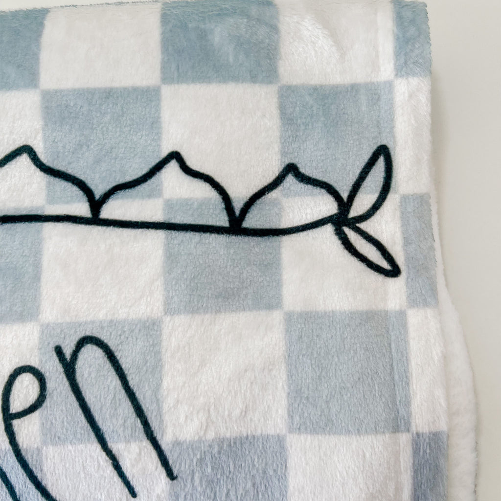 Blue and cream checkered minky baby blanket with dino spikes and babys name. personalized baby blanket