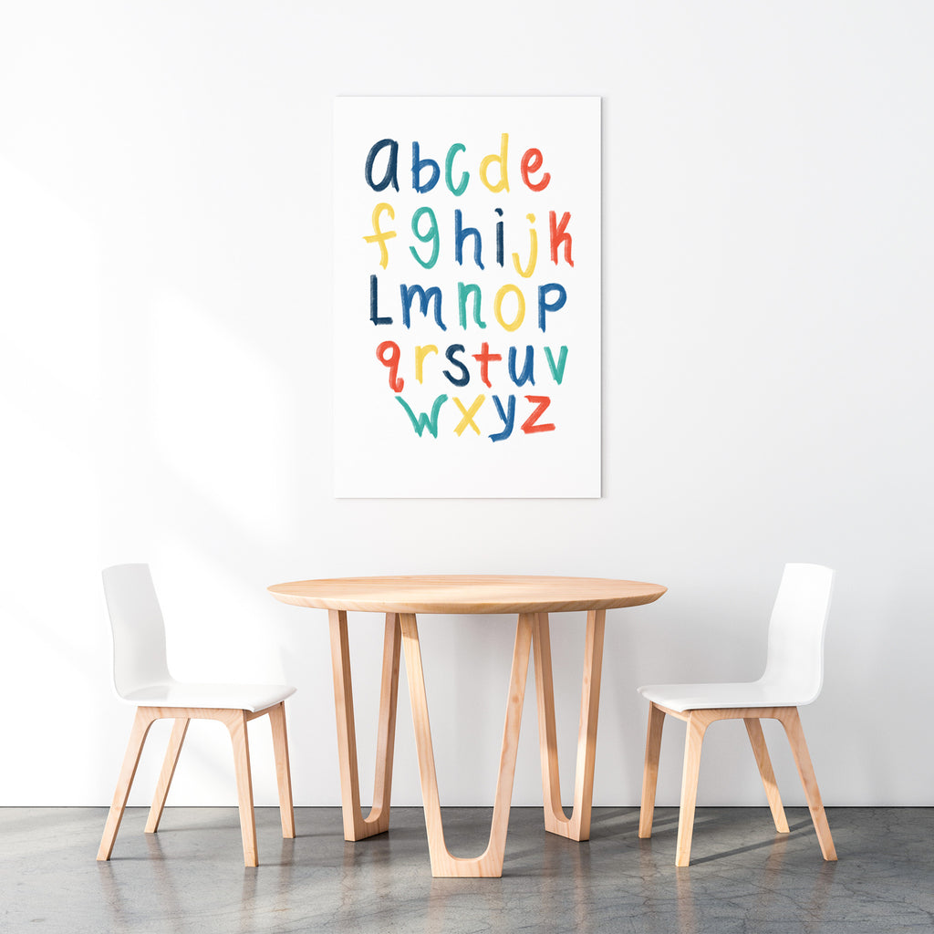 alphabet wall poster. red, orange yellow blue. Primary color alphabet wall art. hand illustrated. hand drawn. kids bedroom wall art. kids playroom wall art. Gift idea. Great gift.