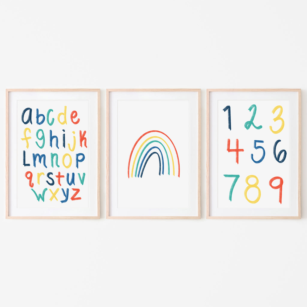 alphabet wall poster. red, orange yellow blue. Primary color alphabet wall art. hand illustrated. hand drawn. kids bedroom wall art. kids playroom wall art. Alphabet, numbers and rainbow wall art set of 3. Simple rainbow wall art. Gift idea. Great gift.