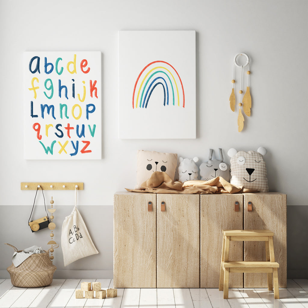 alphabet wall poster. red, orange yellow blue. Primary color alphabet wall art. hand illustrated. hand drawn. kids bedroom wall art. kids playroom wall art. Matching rainbow wall art. simple rainbow art print. Gift idea. Great gift.