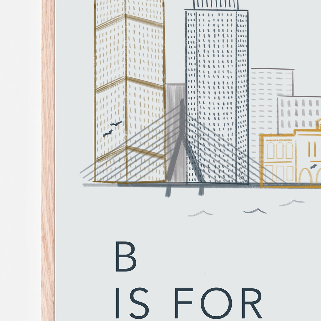 B is for Boston art print for kids playroom.  Boston skyline art for kids bedroom, playroom, classroom, daycare or other child room. 