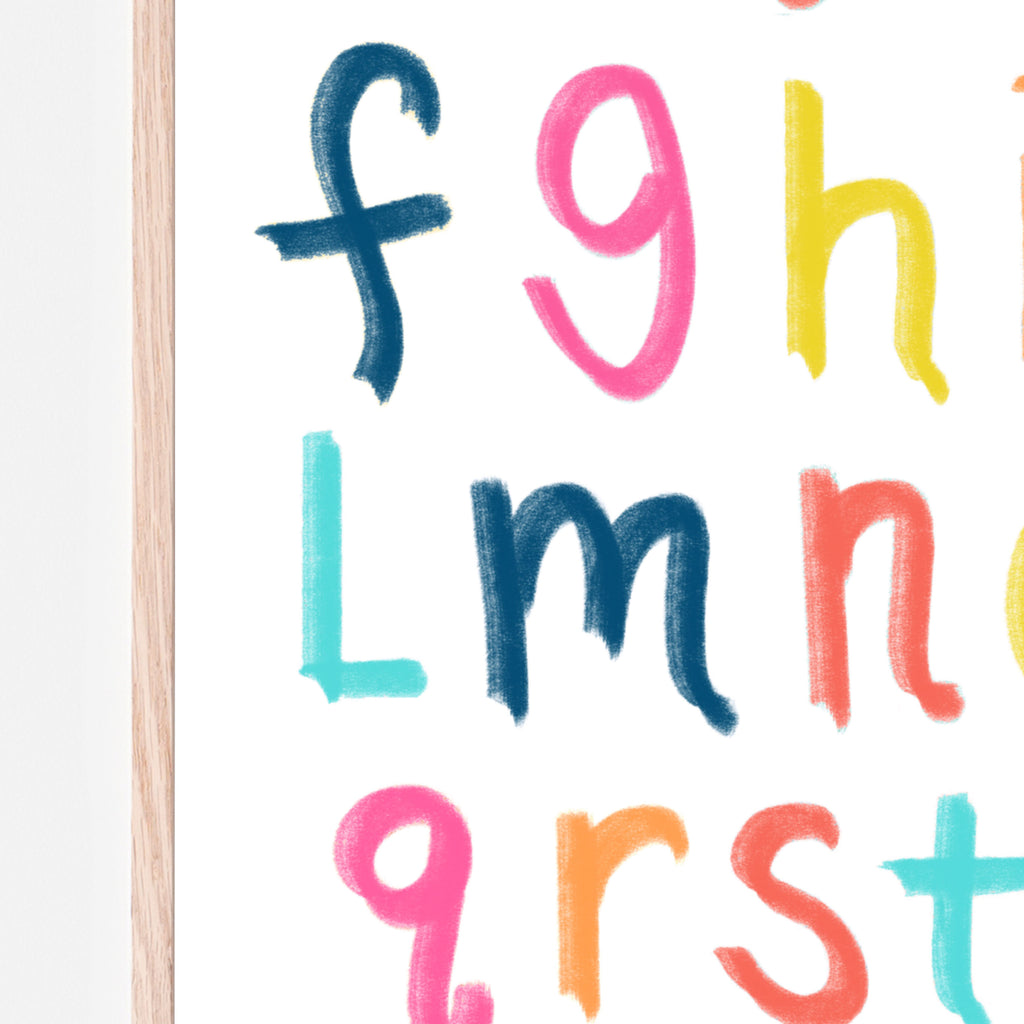 Bright colorful alphabet on a white background. This print is designed for a nursery, playroom, kids bedroom, classroom, and daycare center. Gift idea. 