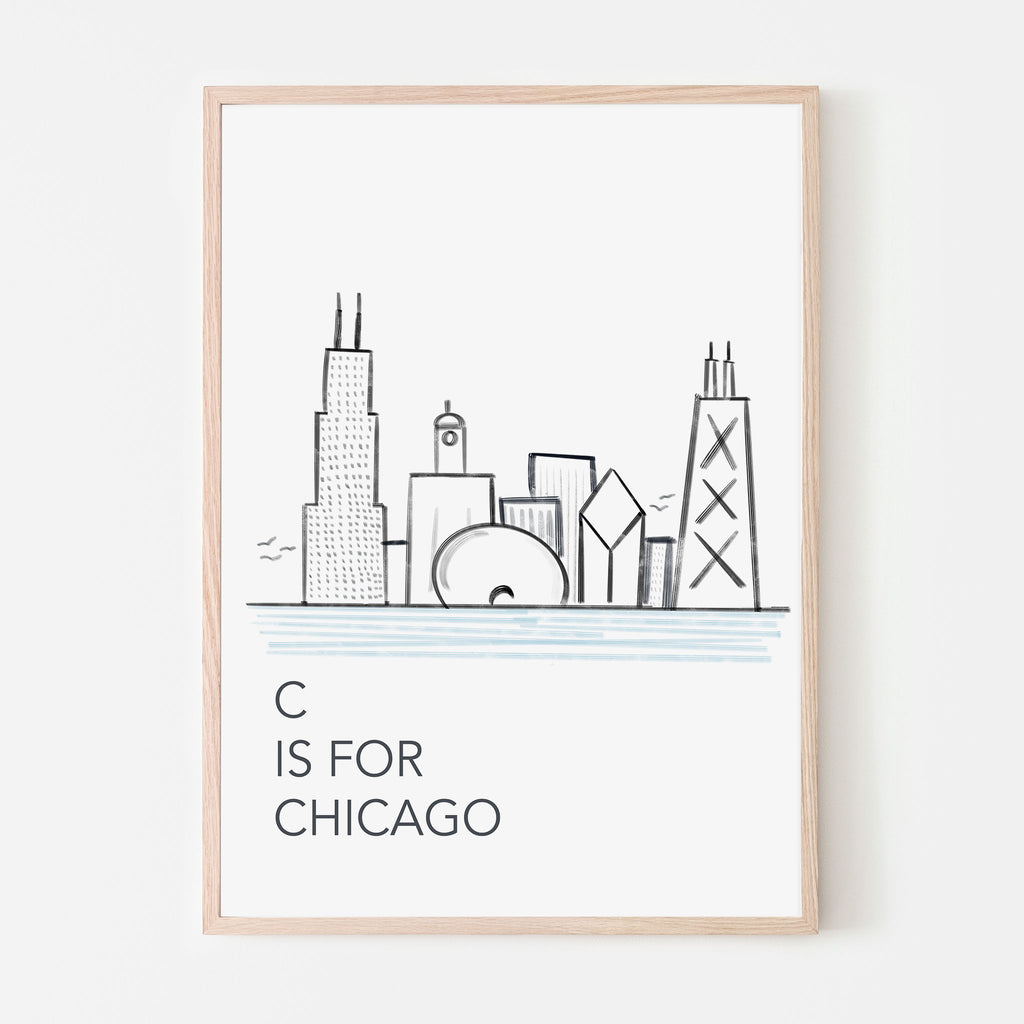 Hand-drawn C is for Chicago city-scape Art Print in black and blue on a white background with a wood frame. This print is designed to go in a baby room, nursery, kids bedroom, playroom, classroom, or daycare center. Gift idea.