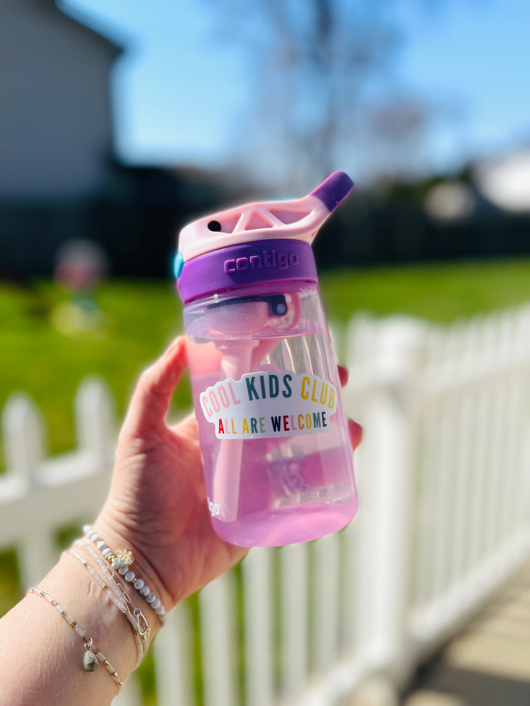 Cool Kids Club Sticker on pink little girls water bottle