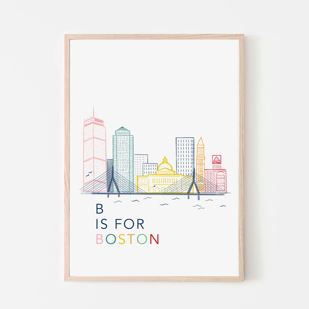 B is for Boston art print for kids playroom. Boston skyline art for kids bedroom, playroom, classroom, daycare or other child room. Rainbow PRIDE
