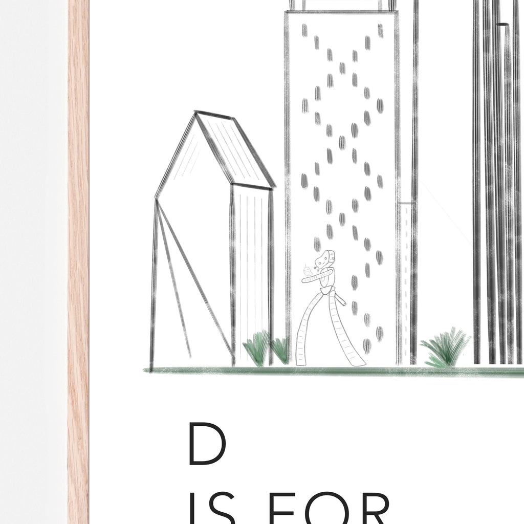 Art print reading D if for Dallas. This print is a black and white hand-illustrated cityscape that fits perfectly into any nursery, bedroom, or playroom. Gift idea.