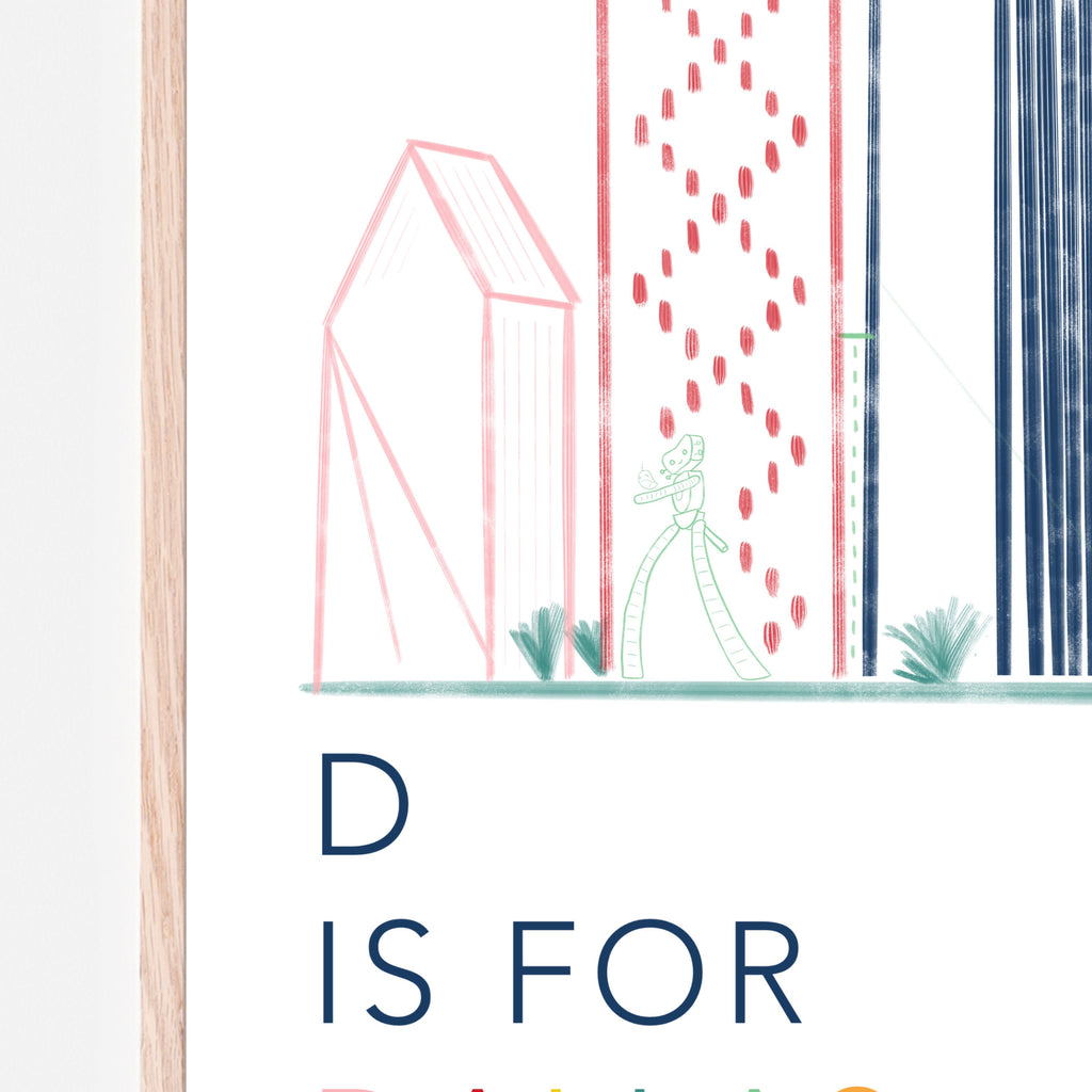 Art print reading D if for Dallas. This print is a rainbow pride hand-illustrated cityscape that fits perfectly into any nursery, bedroom, or playroom. Gift idea.