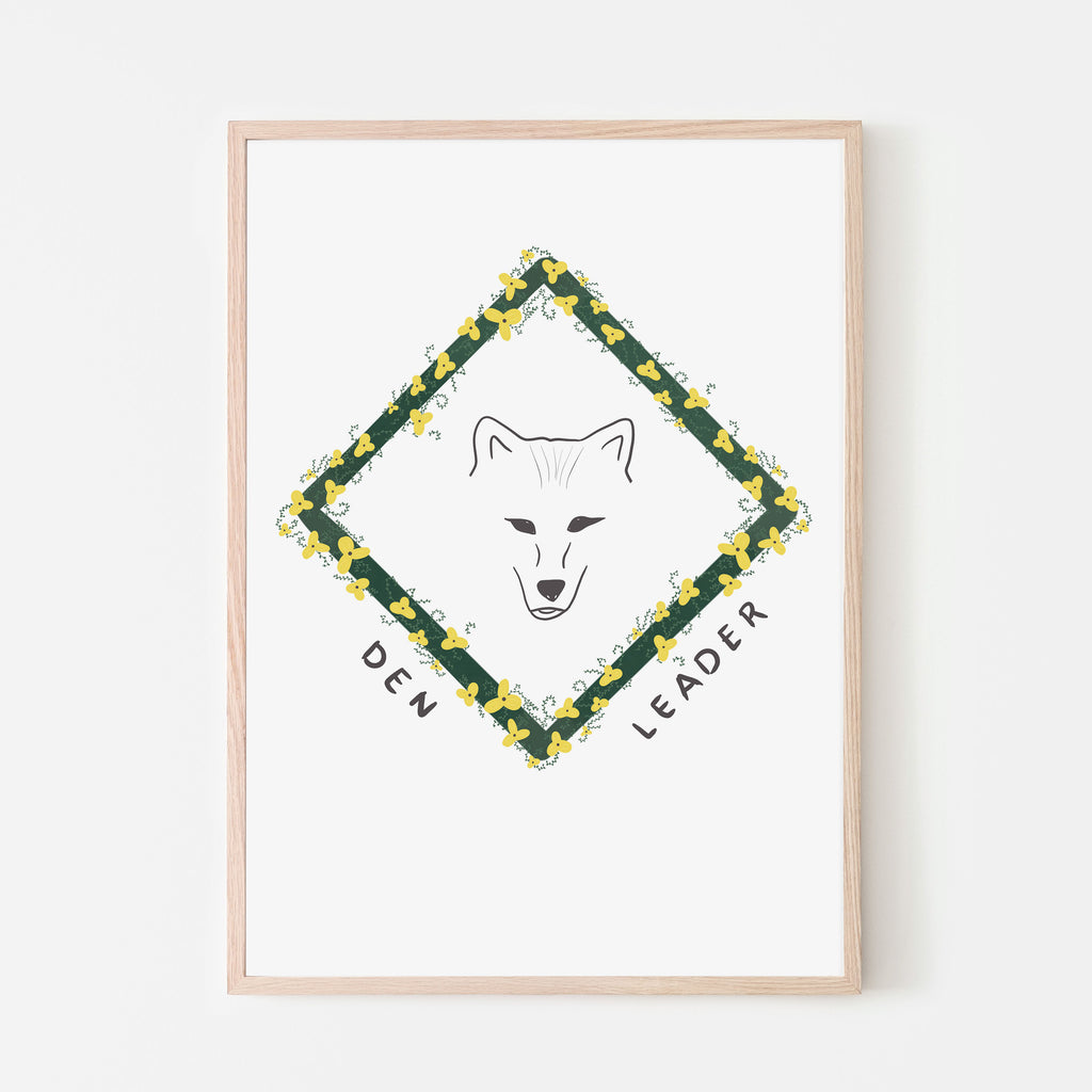 Den Leader for girl scout print with green triangle and yellow flowers. Print designed for nursery, playroom, daycare, classroom, and kids bedroom. Gift guide.