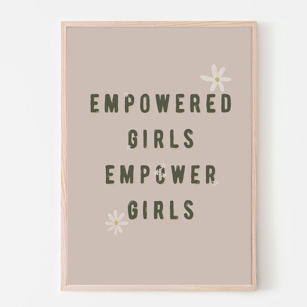Empowered girls empower girls art print with green lettering, yellow details and daisy flowers.  Art print for baby girl nursery, bedroom or playroom. Toddler girl bedroom. 