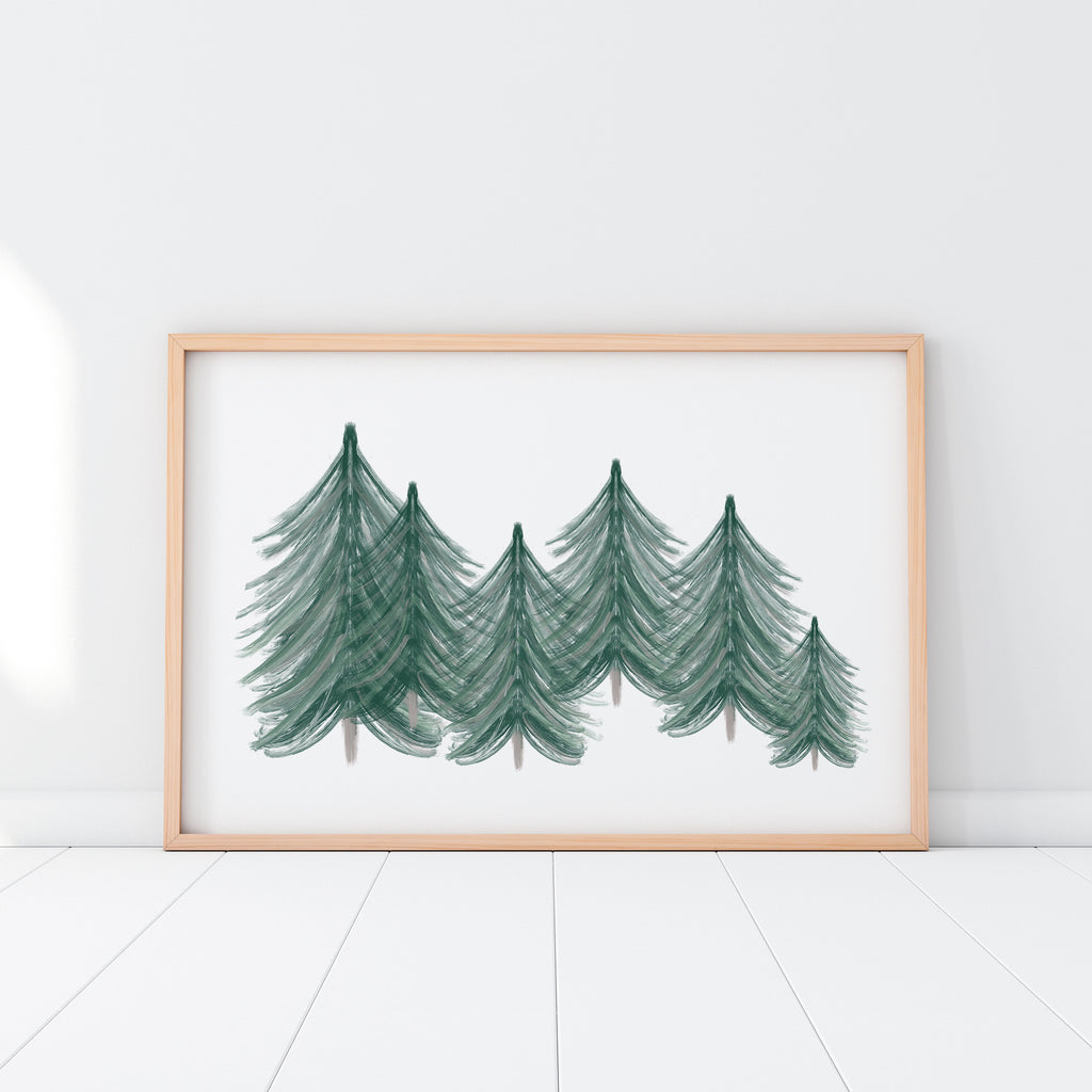 evergreen forest trees art print. Woodland theme nursery wall decor. Evergreen trees on a white background with a wooden frame. Print designed for nursery, playroom, daycare, kids bedroom, classroom, and bedroom. Gift idea.