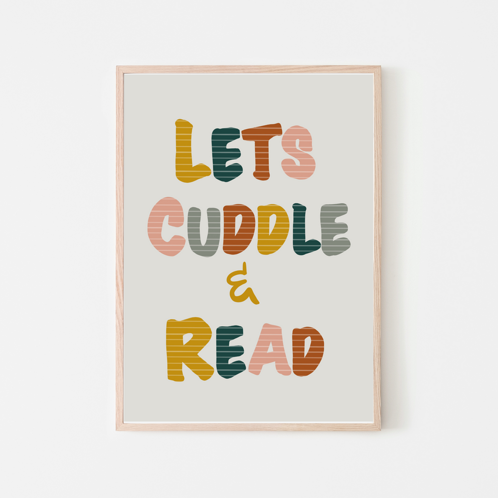Lets cuddle and read art print in retro girls color palette and soft grey background.  Tyopgraphy letters include white horizontal stripes