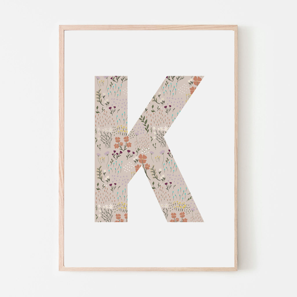 Floral letter with cream background and contemporary neutral flowers.  For girl nursery room, girl bedroom or playroom. Personalized name sign art print. Kids room wall art. 