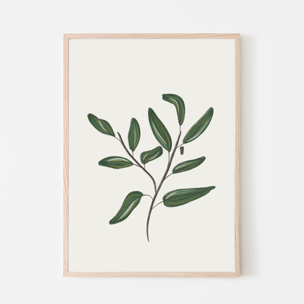 Single stem foliage leaves with a small cocoon hanging. art print 