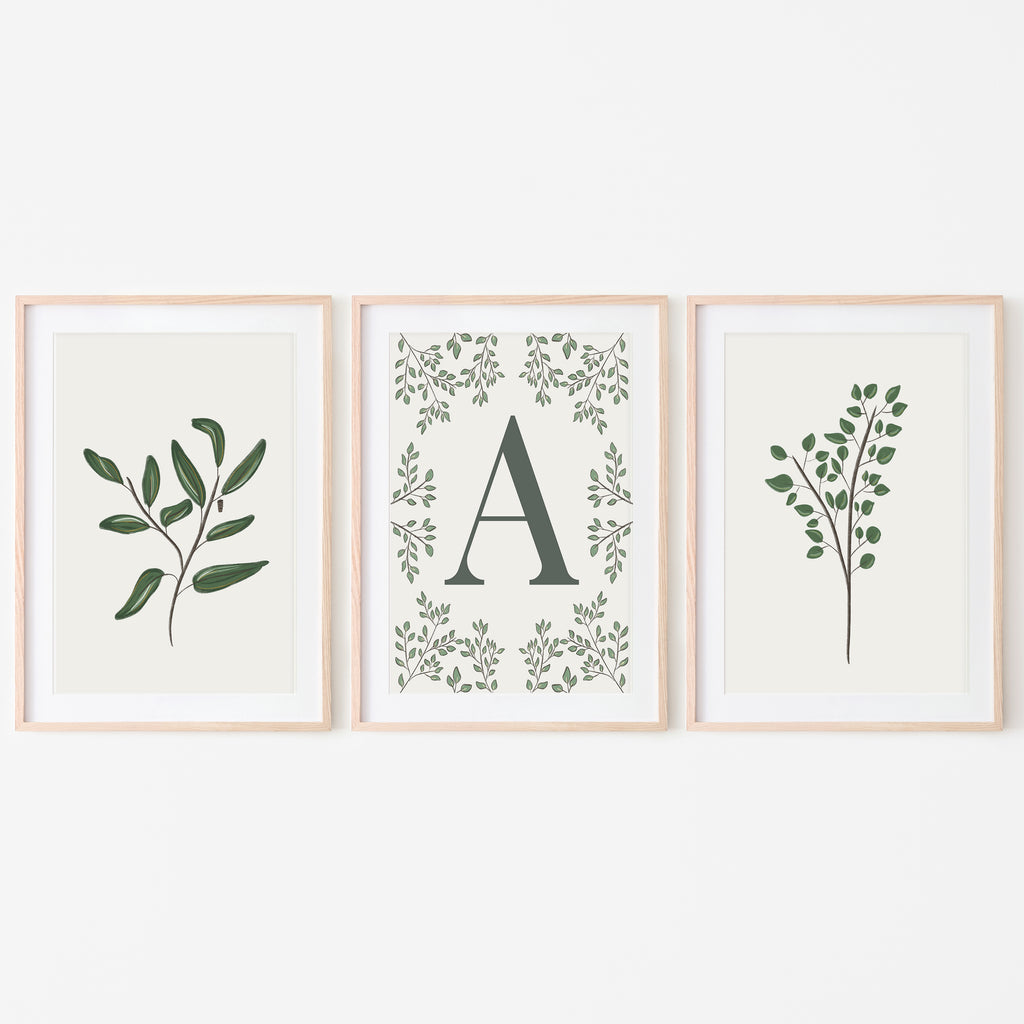 Set of 3 foliage art prints for baby nursery room, kids bedroom or playroom. Large letter personalized name sign and two hand illustrated foliage art prints creating a set of 3 