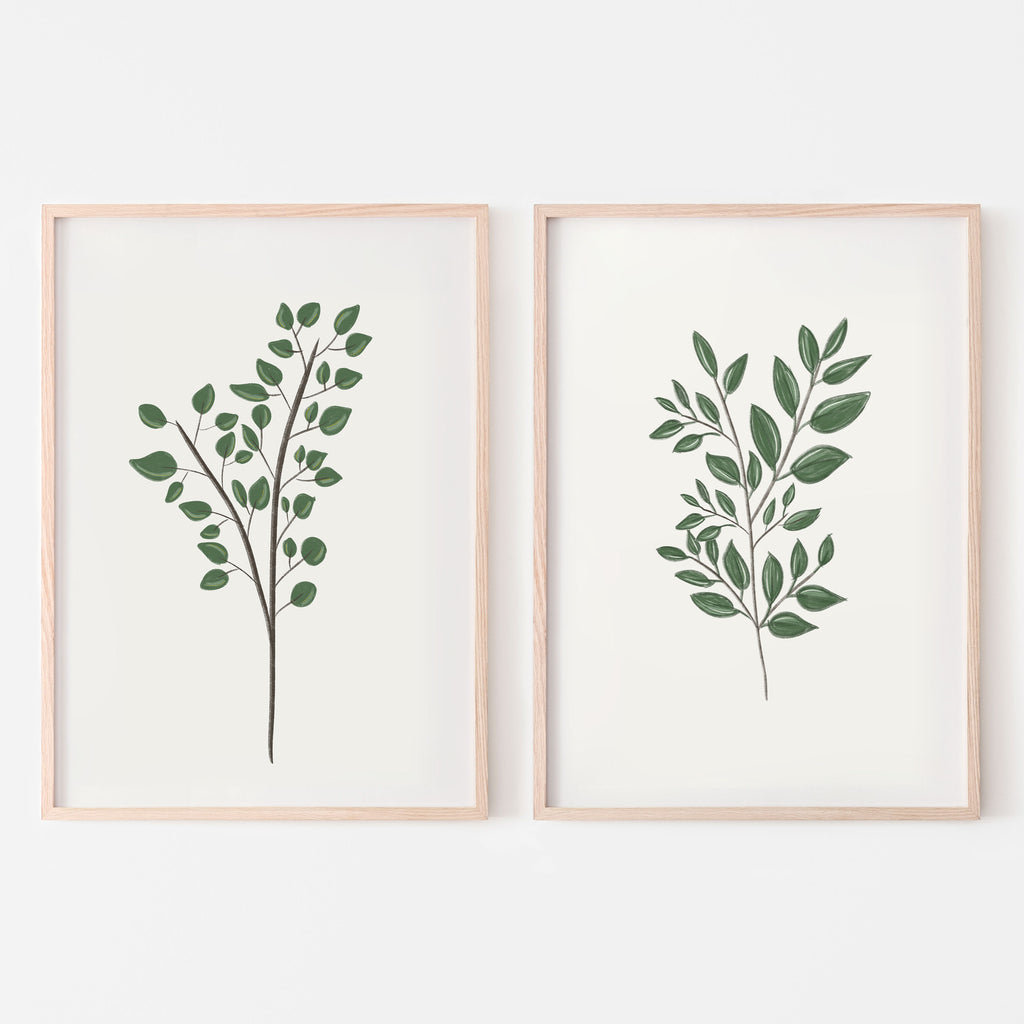 Set of 2 foliage art prints . simple and cream background. 
