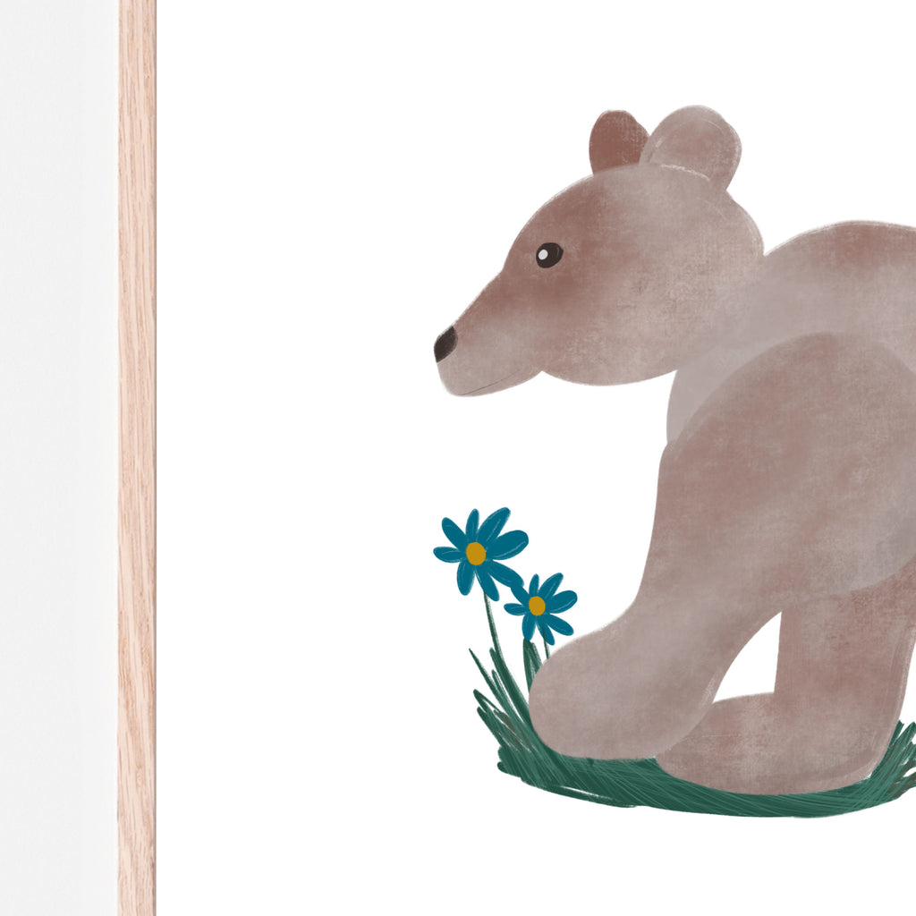 Close up image of A simple and delightful wondering baby brown bear on a grey textured background. This gender-neutral forest print works in any nursery, kid's bedroom, or playroom and is a great gift idea for an expecting mother. Gift idea. Gifting.