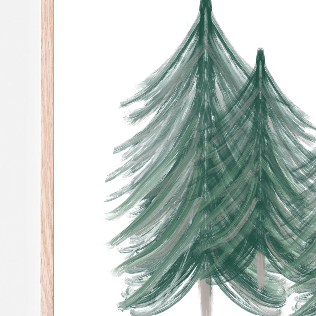 Close up image of evergreen forest trees art print. Woodland theme nursery wall decor. Evergreen trees on a white background with a wooden frame. Print designed for nursery, playroom, daycare, kids bedroom, classroom, and bedroom. Gift idea.