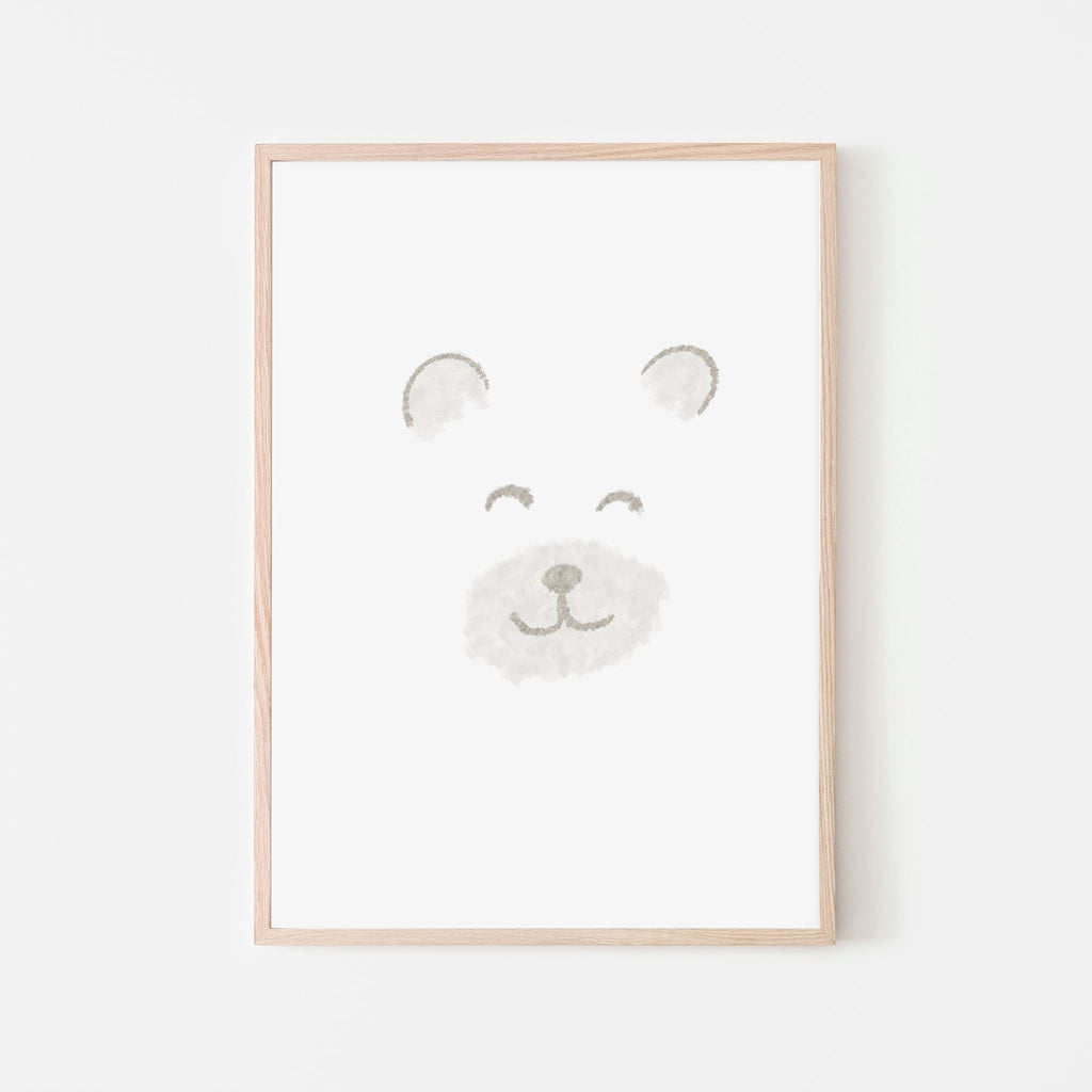 Our cuddly, fuzzy bear face art print is extra adorable. This gender-neutral print is hand-illustrated with sweet fuzzy texturing. This print has soft features and is white and brown. Gift idea. Gift for new mom. Gifting. 
