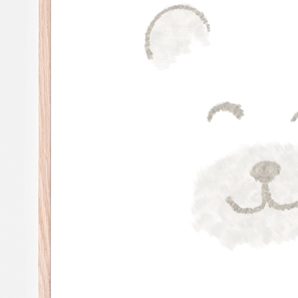 Close up image of Our cuddly, fuzzy bear face art print is extra adorable. This gender-neutral print is hand-illustrated with sweet fuzzy texturing. This print has soft features and is white and brown. Gift idea. Gift for new mom. Gifting.