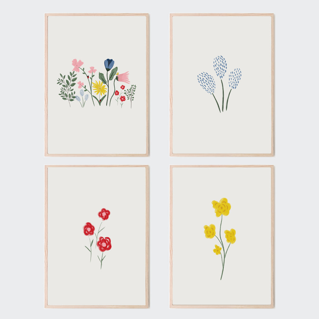 set of four floral art printsl; first print is colorful garden flowers, second print is dainty blue flowers with green stems, third print is red flowers and fourth print is yellow flowers. baby girl nursery, floral nursery, kids playroom, flowers, floral theme, baby shower gift idea