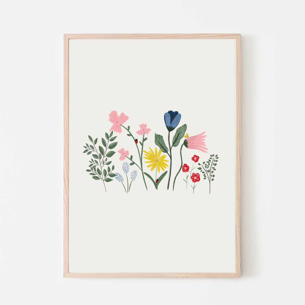 garden flowers art print. Colorful flowers with luscious foliage. perfect art print for any baby girl nursery room, bedroom or playroom. Contemporary wall art.